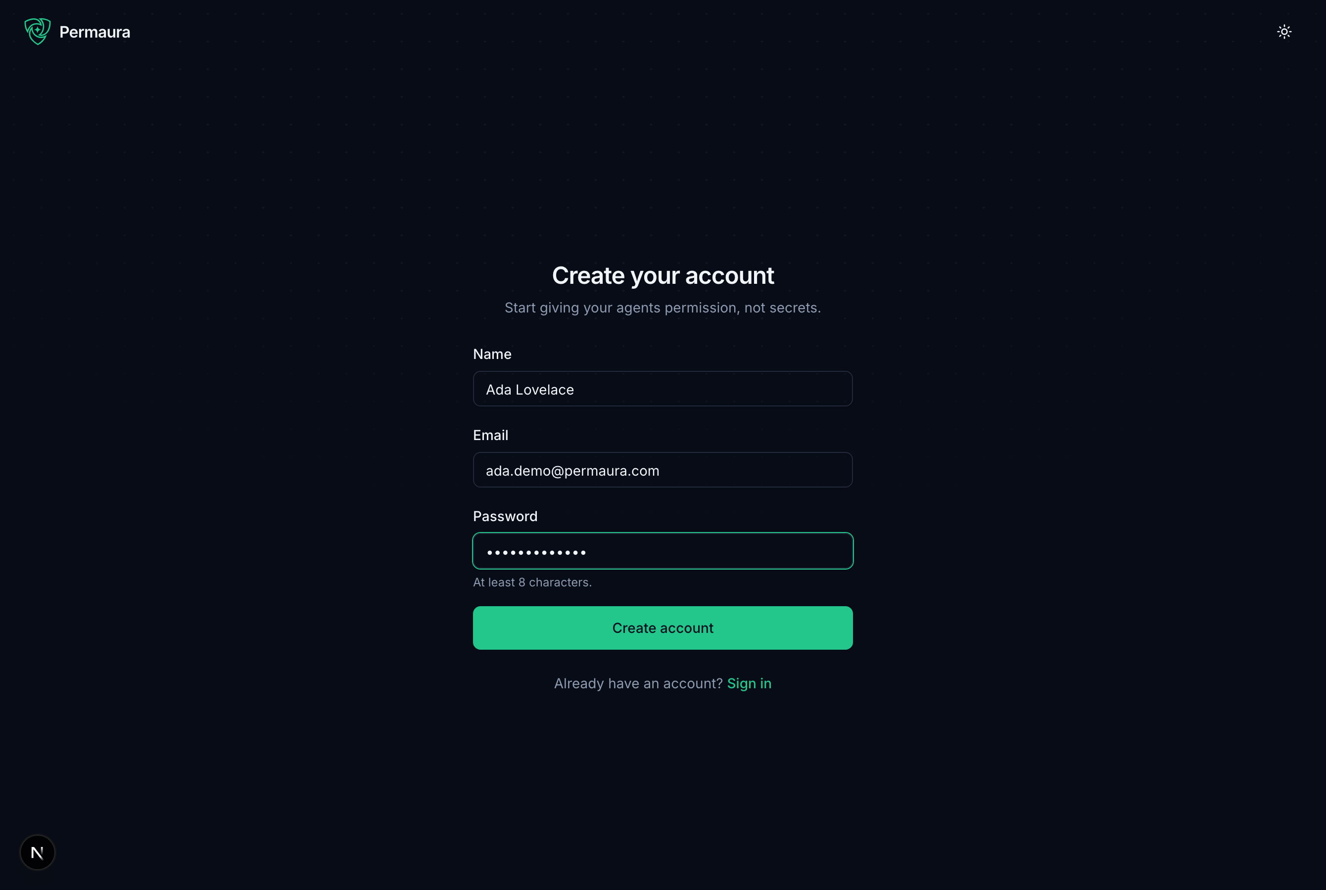 The Permaura sign-up form, filled in for the demo account Ada Lovelace