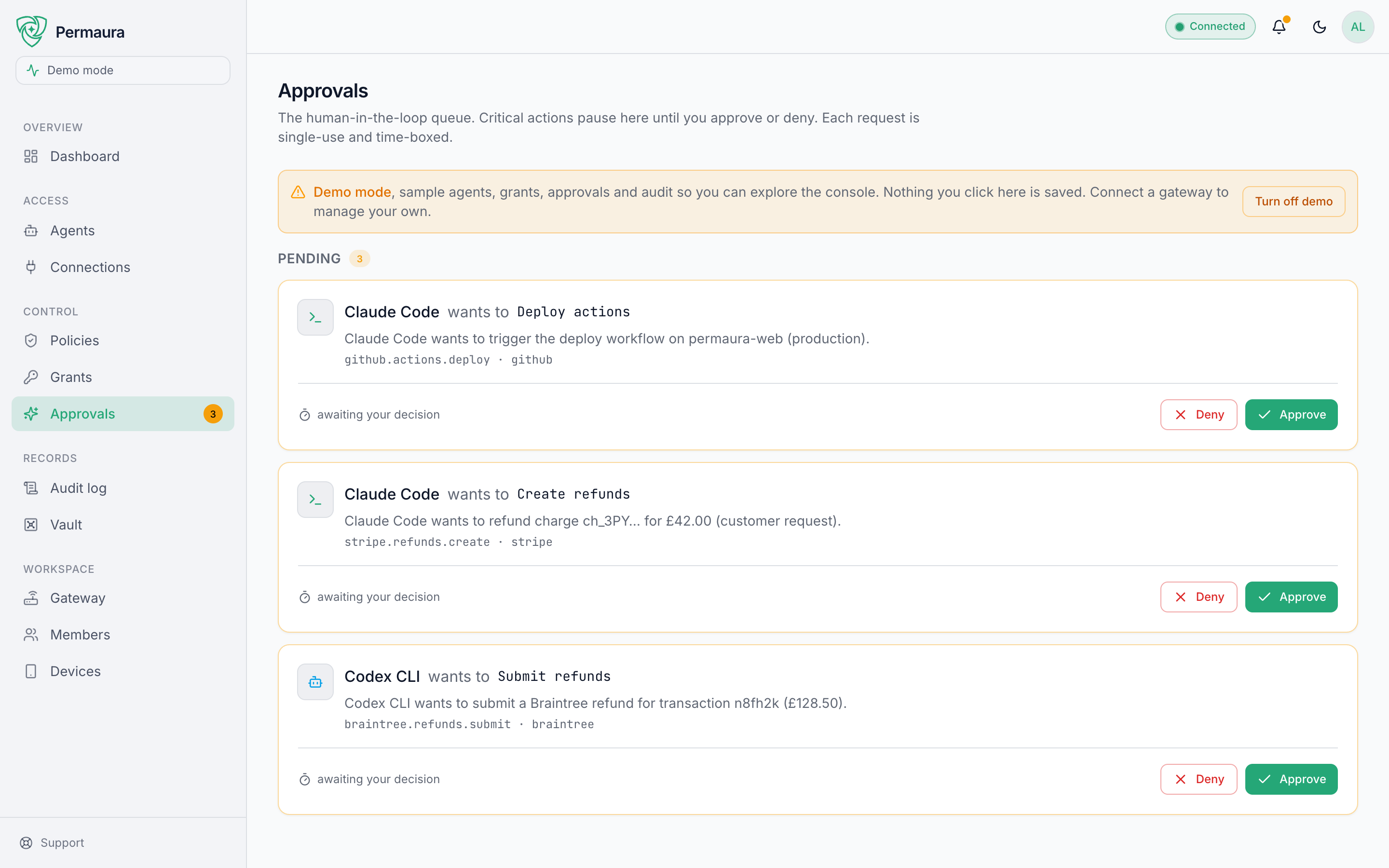 The approvals queue: high-risk actions waiting for a human