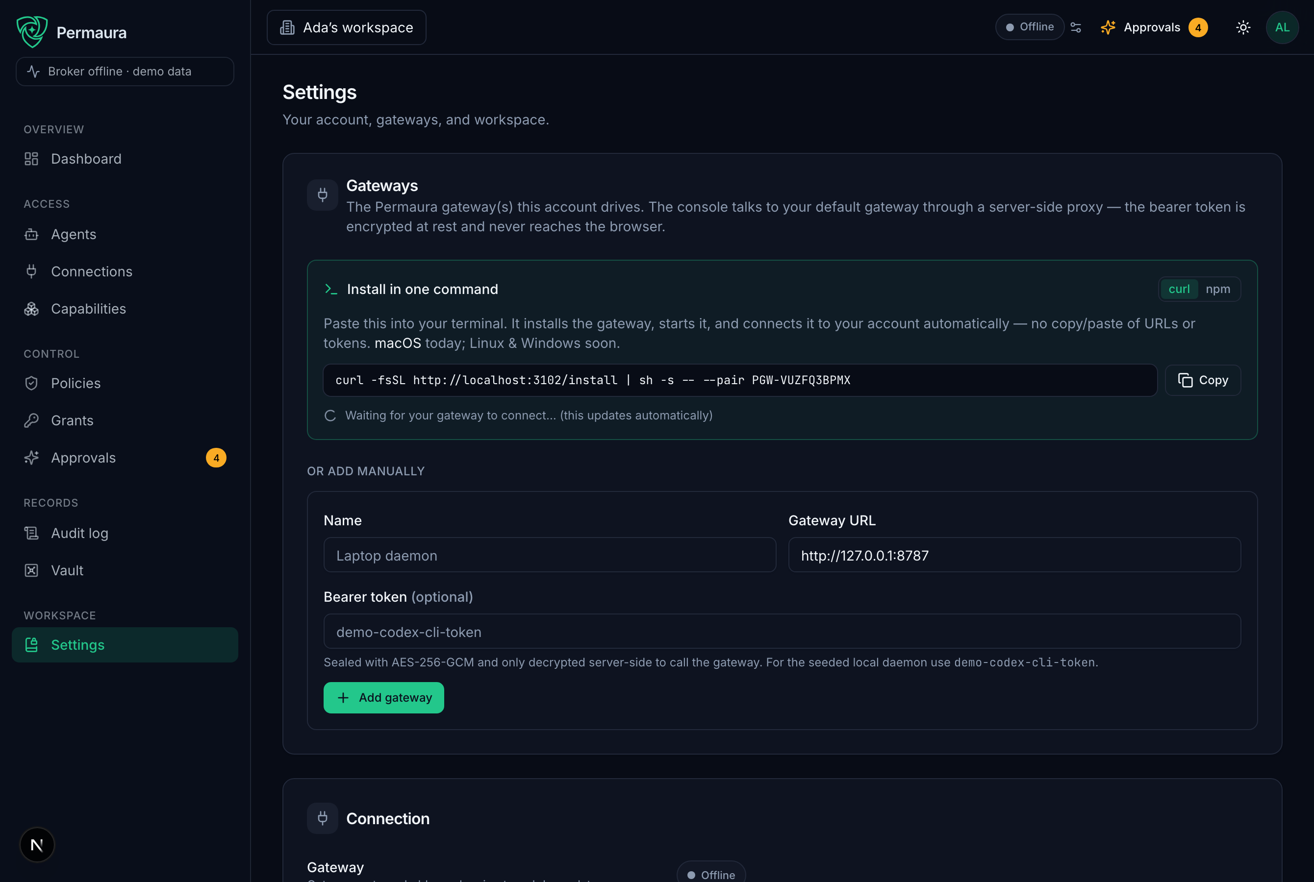 The Gateway settings page