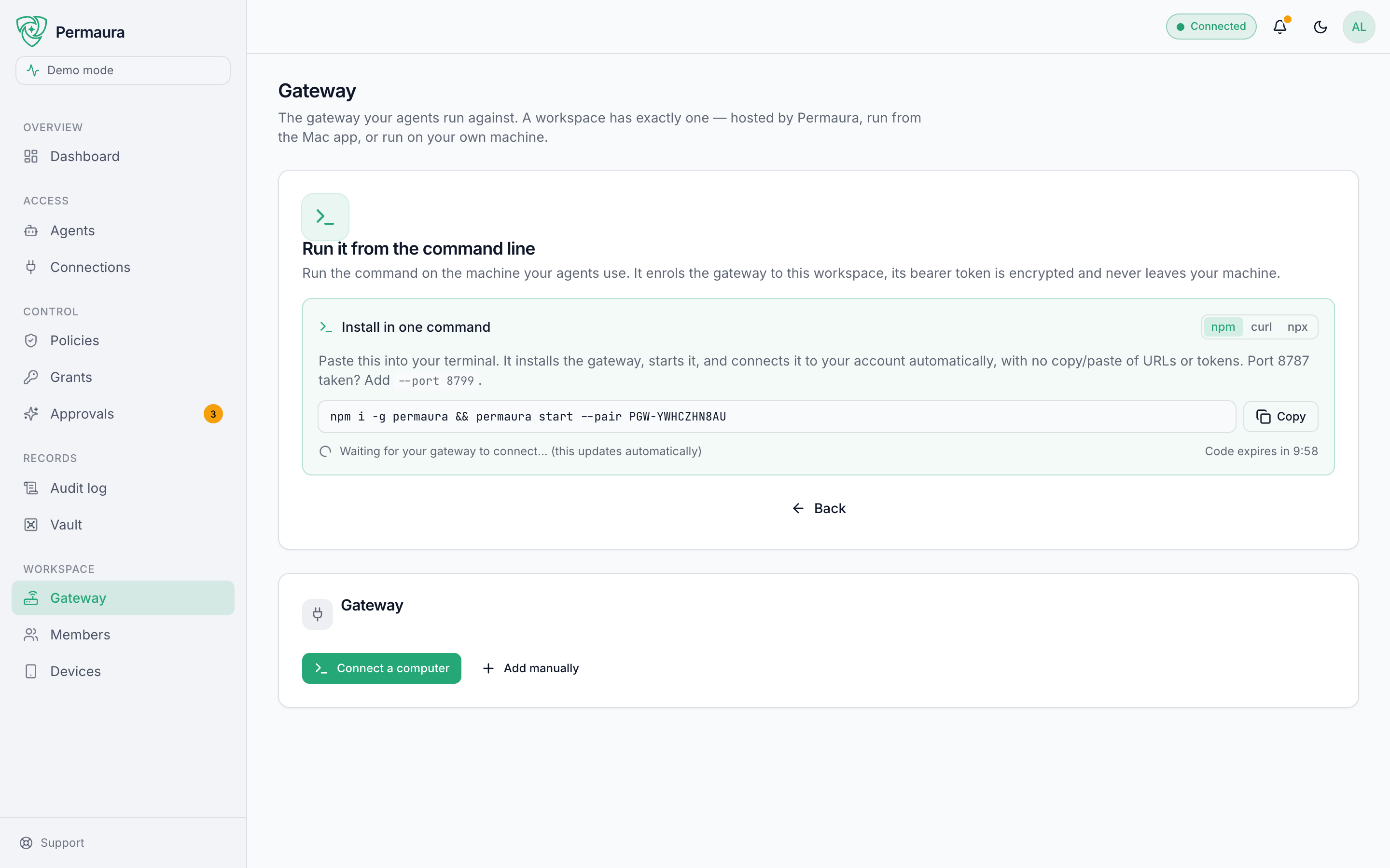 The connect card with the npm method selected and a live pairing code