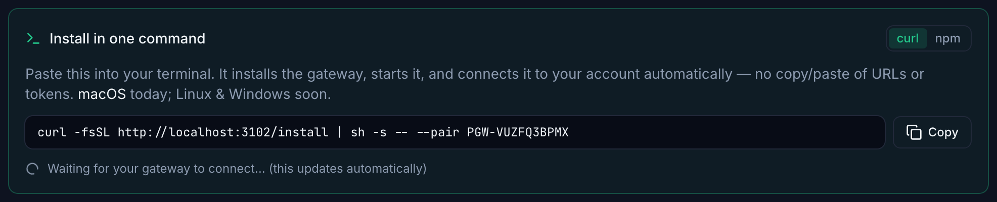 The connect card with the curl method selected and a live pairing code