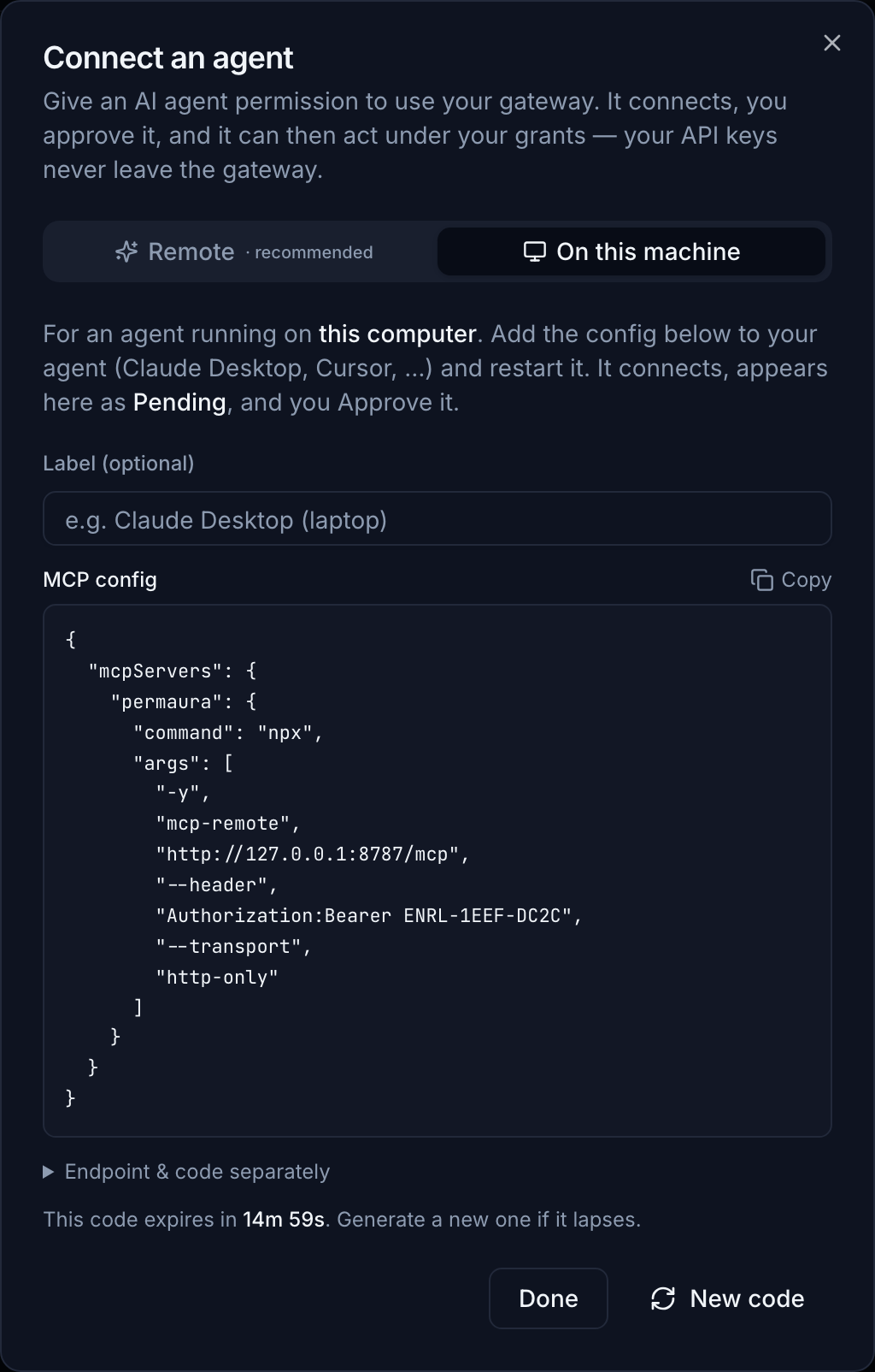 The Connect agent dialog, On this machine tab, showing a ready-to-paste MCP config