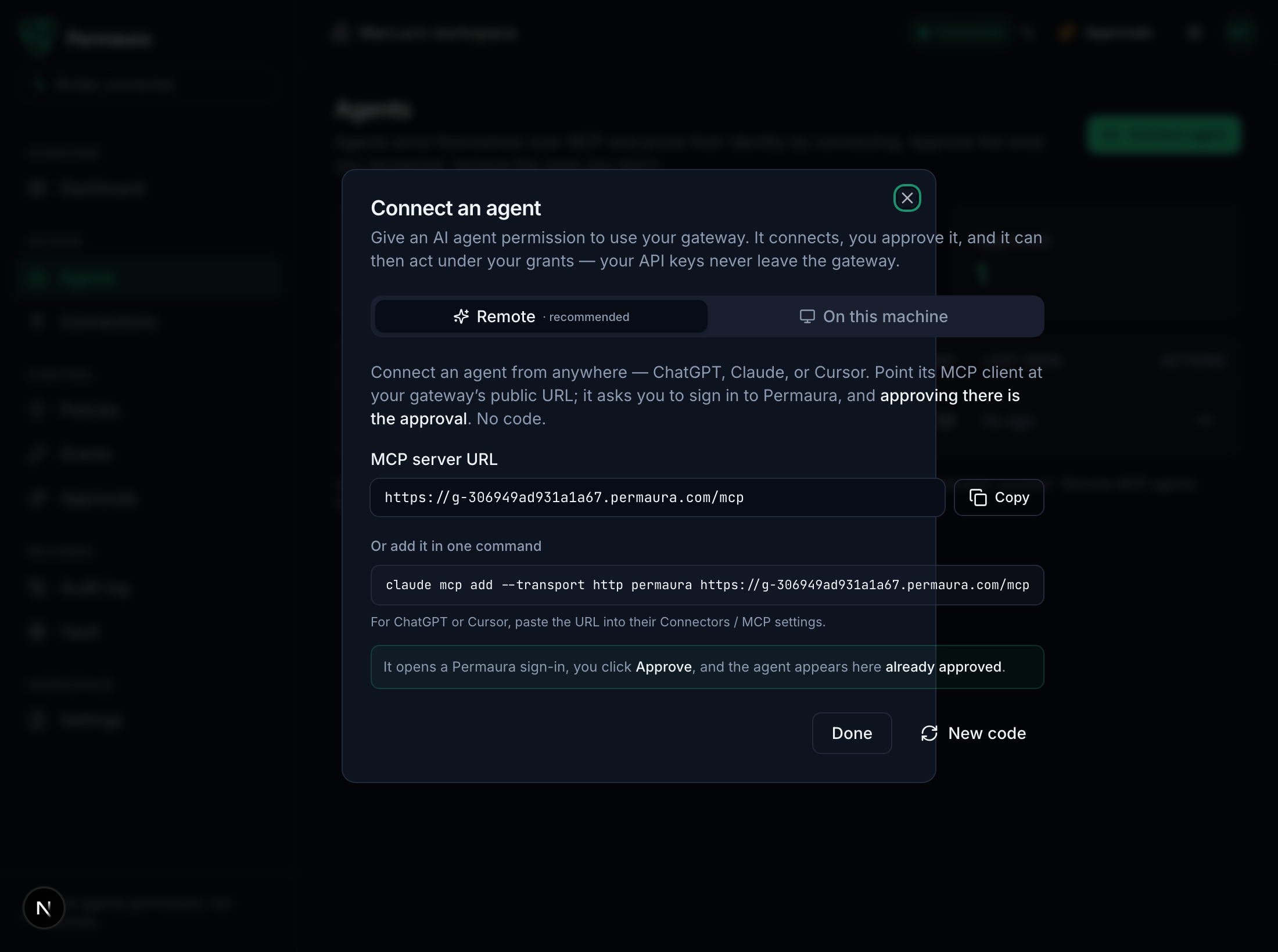 The Connect agent dialog, Remote tab, showing the public MCP URL and a one-line command