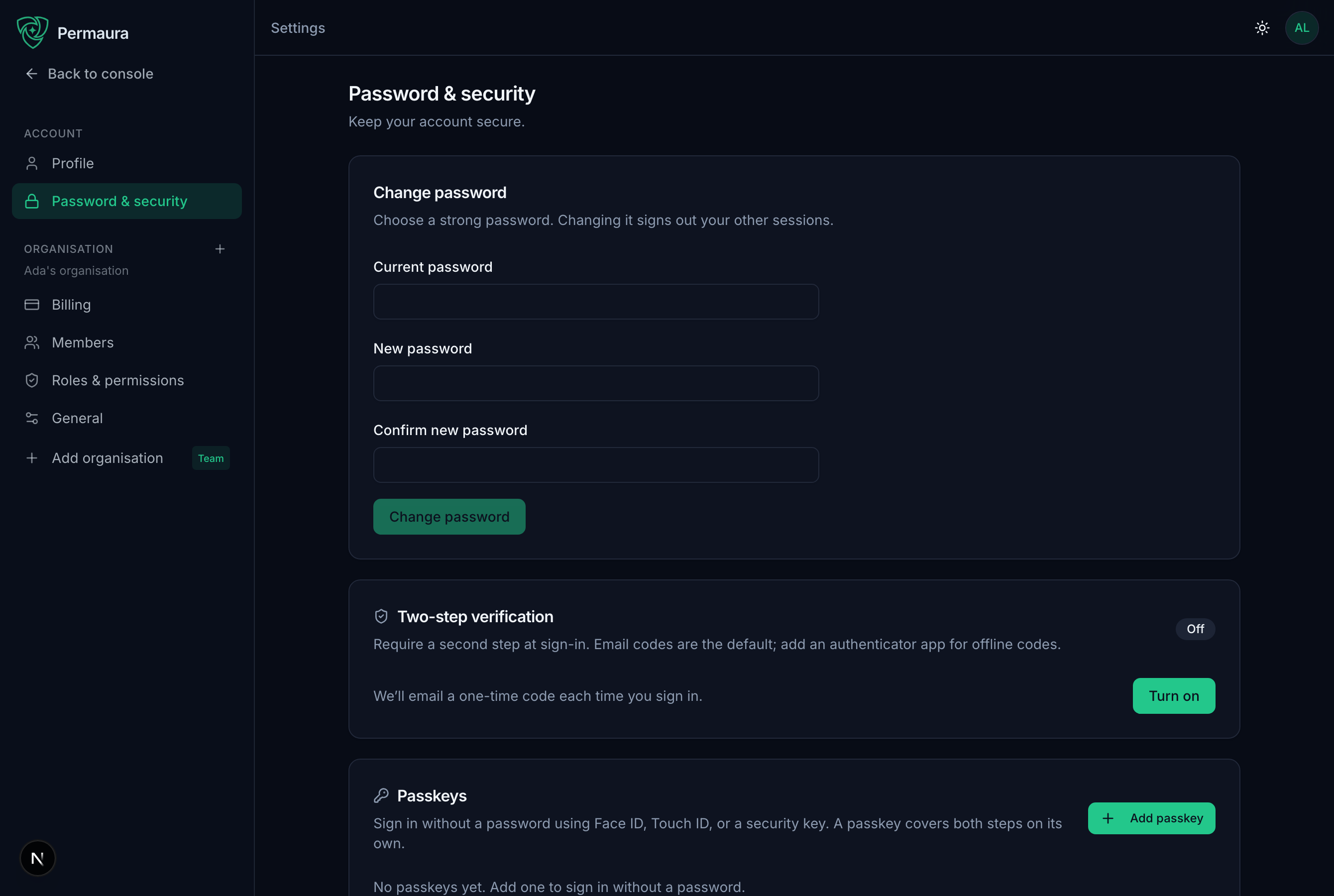 The Password &amp; security page: change password, two-step verification, and passkeys