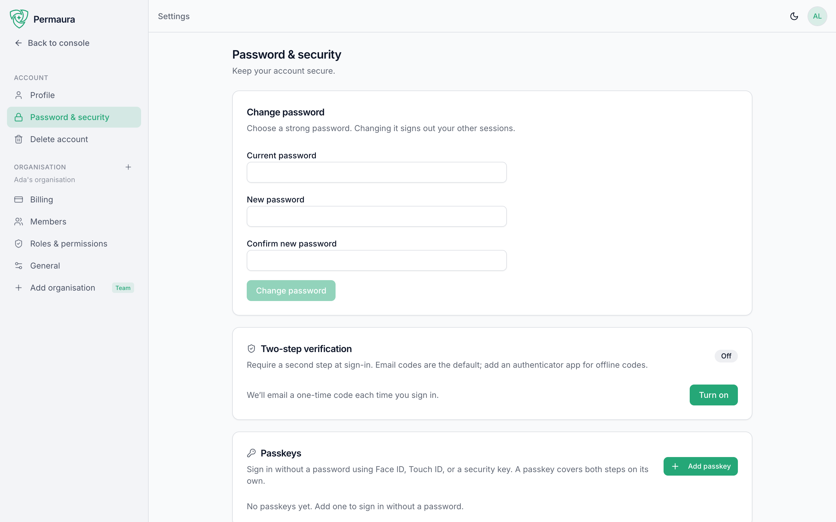 The Password &amp; security page: change password, two-step verification, and passkeys