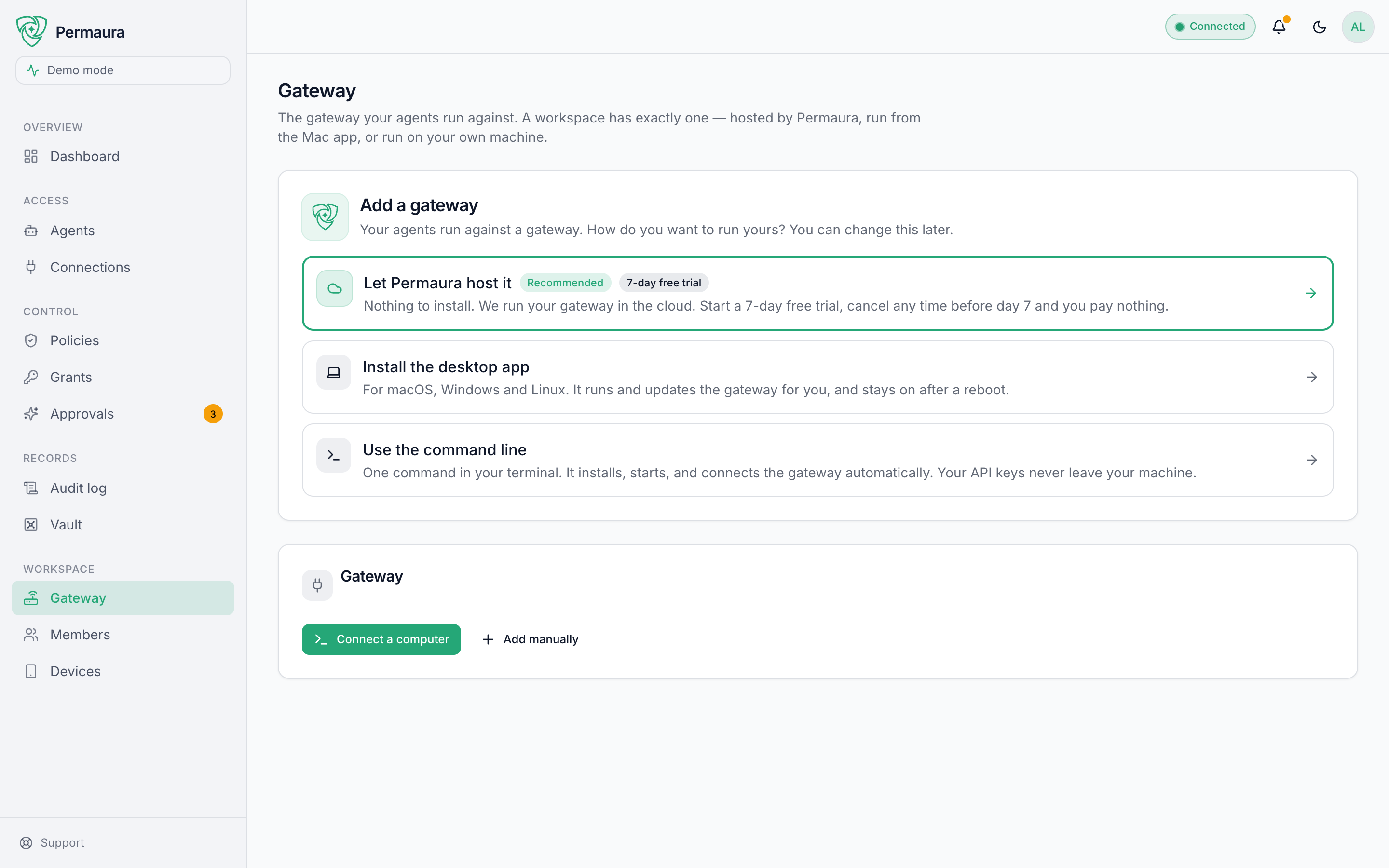 The Gateway settings page: a hosted worker, the desktop app, or a one-command install