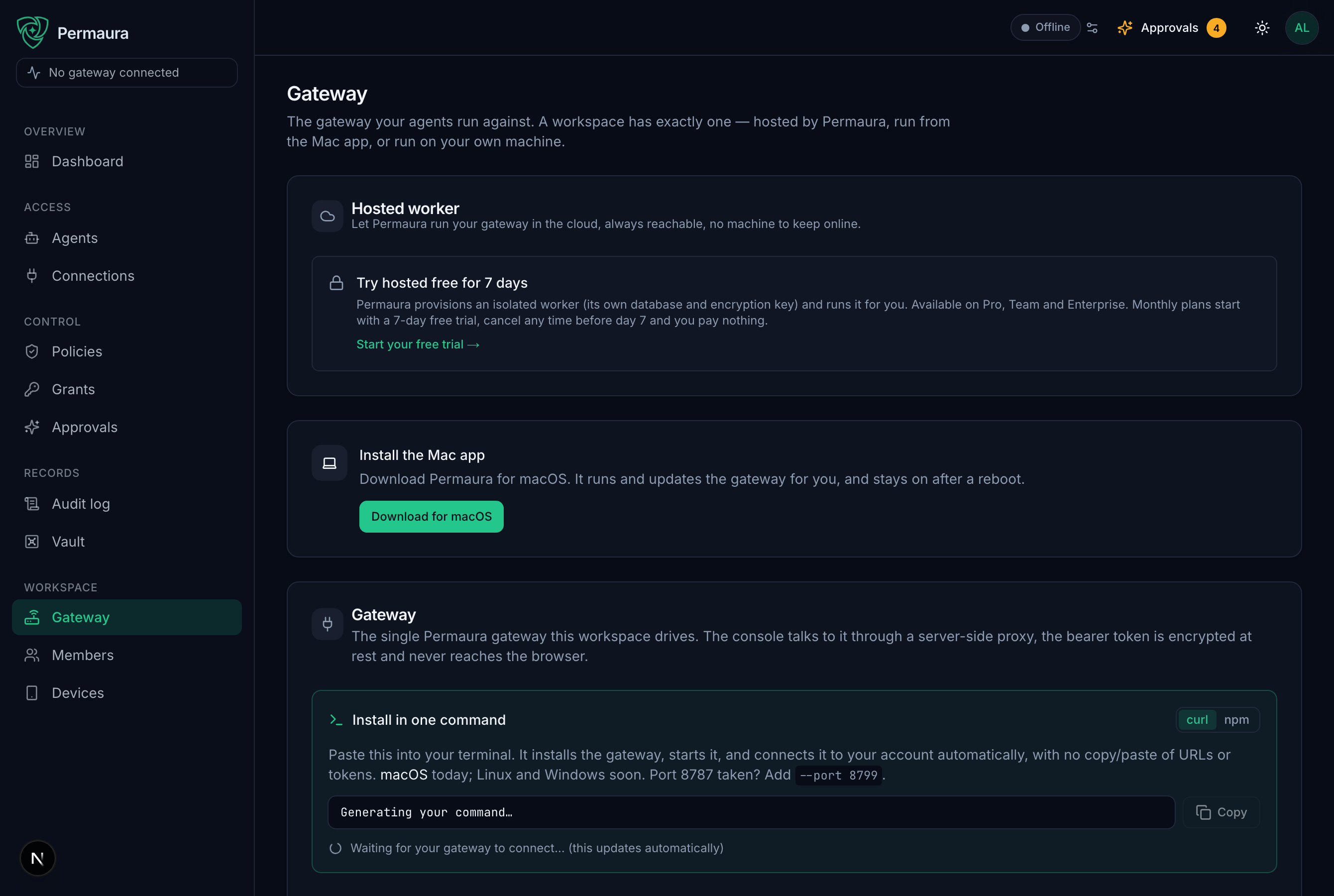 The Gateway settings page: a hosted worker, the Mac app, or a one-command install